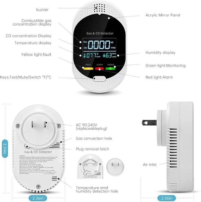 Natural Gas Detector，4-in-1 Carbon Monoxide Detectors Plug in，Combination Gas，Temperature Humidity Display，Carbon Monoxide Detectors & Gas Detector for Home，Apartment，RV