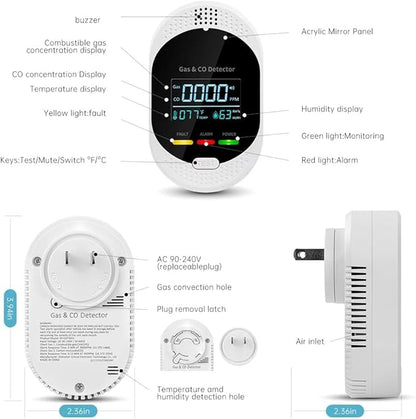 Natural Gas Detector，4-in-1 Carbon Monoxide Detectors Plug in，Combination Gas，Temperature Humidity Display，Carbon Monoxide Detectors & Gas Detector for Home，Apartment，RV