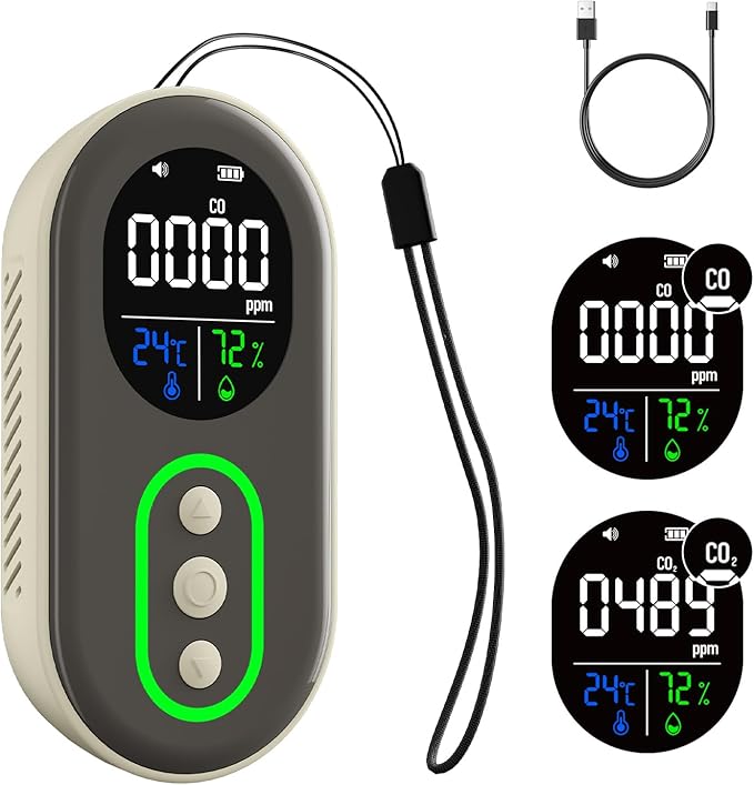 DS-399PRO Carbon Monoxide and Carbon Dioxide Detectors, 4-in-1 Portable CO2 & CO Detector with Audible & Visual Alarm, Rechargeable CO & CO2 Meter for Home, Travel, Camping, Car, 72H Standby