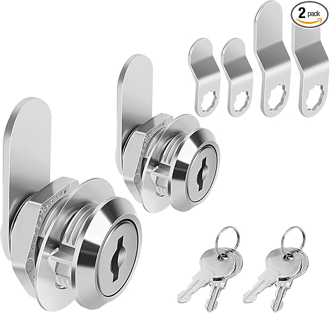 Cam Locks Cabinet Lock Keyed Alike, 5/8'' (Length) Cylinder Fits on 3/8'' Max Panel Thickness, 2pcs Secure File Drawer Mailbox RV Storage Replacement Set, Chrome-Finish Zinc Alloy