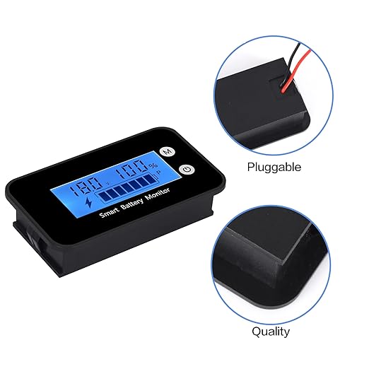 Waterproof Battery Monitor12v 24v 36v 48v 60v 72v ,Car Motorcycle Golf cart Battery Meter Digital Battery Capacity Remaining Capacity Percentage Tester with Buzzer Alarm and Temperature（Bule）