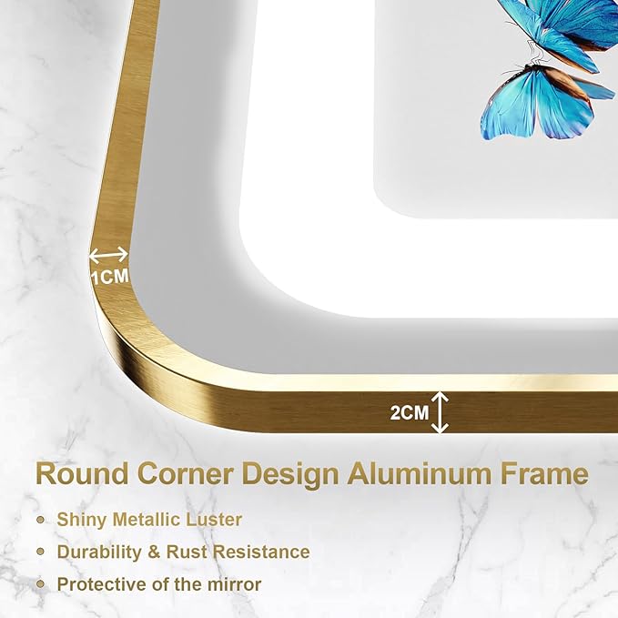 20"x 28" Gold Framed LED Mirrors for Bathroom, Wall Mounted Lighted Bathroom Vanity Mirror, Front and Backlight, Stepless Dimmable, 3 Colors, Anti-Fog, Memory, Smart Touch Button
