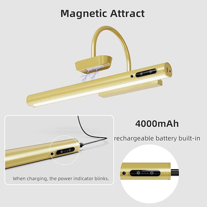 13.8inch Battery Operated Wireless Picture Light，Remote Control Painting Display Lights, Rechargeable Wall Lights with Three Modes and Power Display for Art Frame (13.8in Gold-2set)