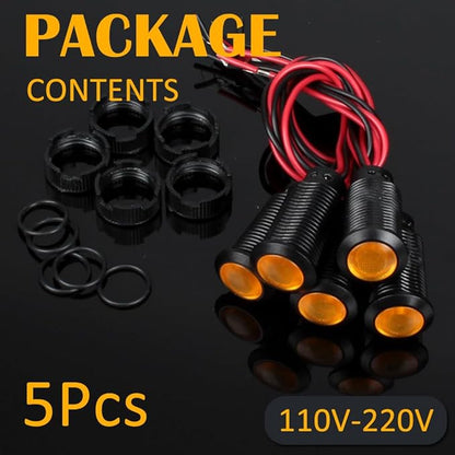 5pcs 12mm LED Indicator Light Plastic Black Signal Dot Lamp 110-220VAC 1/2 inches Mounting Hole Size with 15cm/5.9in. Wire (Yellow LED)