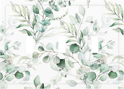 Boho Green Eucalyptus Leaf Floral Plants Flowers Decorative Switch Plates 3 Gang Wall Plate Triple Toggle Light Switch Cover Faceplate Electrical Wall Panels for Bed Room Living Room Decor
