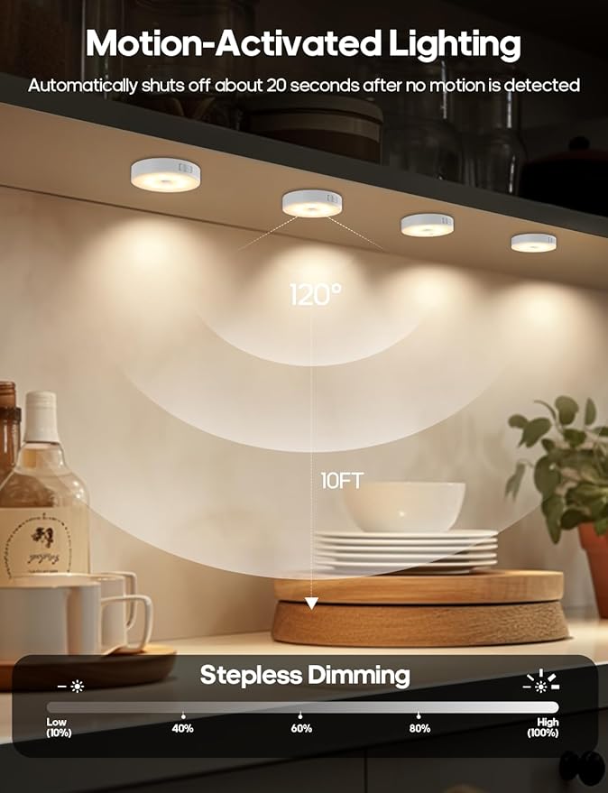 Motion Sensor Night Light, Battery Operated Puck Lights with Remote, Dimmable Warm White Night Light, 3000K Soft Light for Bathroom, Bedroom, Hallway