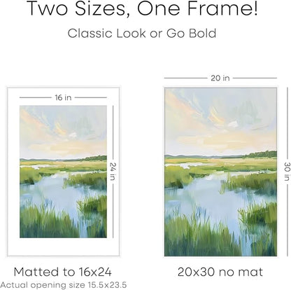 Homeforia 20x30 Poster Frame White, High End Metal 20 x 30 Picture Frames with Mat 16 by 24 inch Photo, 30x20 Large Frame for Wall, 20x30 Thin Frame Matted to 16x24, Tempered Glass, Wall Kit, Set of 1