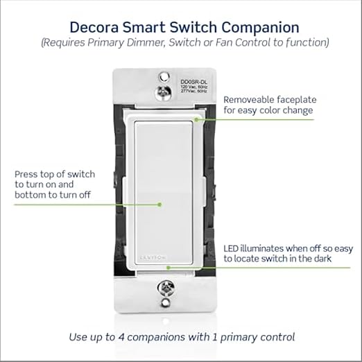 Leviton Decora Smart Switch Companion for Multi-Location Switching with Locator LED (Not for stand-alone use), 120/277VAC, 60Hz DD0SR-DLZ, White, Ivory, Light Almond