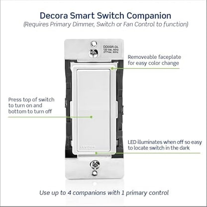Leviton Decora Smart Switch Companion for Multi-Location Switching with Locator LED (Not for stand-alone use), 120/277VAC, 60Hz DD0SR-DLZ, White, Ivory, Light Almond