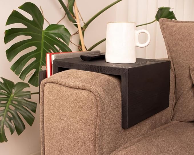 Wooden Couch Arm Tray – Sofa Armrest Table with Book & Magazine Holder, Perfect for Coffee & Remote Control, Solid Wood (Black)