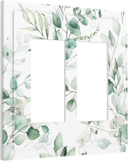 Boho Green Eucalyptus Leaf Floral Plants Flowers Decorative Outlet Covers 2 Gang Double GFCI Rocker Electrical Wall Panels Light Switch Cover Plate for Bed Room Living Room Decor