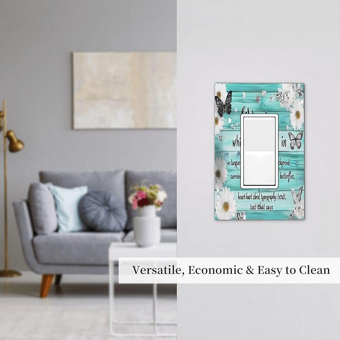 Teal Butterfly Daisy Rustic Wooden Signs Decorative Outlet Covers 1 Gang Single Rocker Light Switch Cover Plate Wall Plates Gfci Faceplate For Farmhouse Cabin Decor