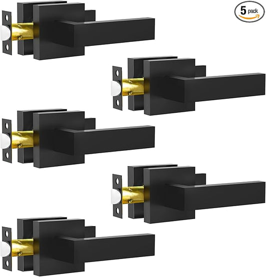 Passage Door Lever, 5 Pack Matte Black Interior Door Handles for Hallway and Closet, Heavy Duty Square Interior Keyless Door Handles Non-Locking Door Knobs for Right & Left Side Door