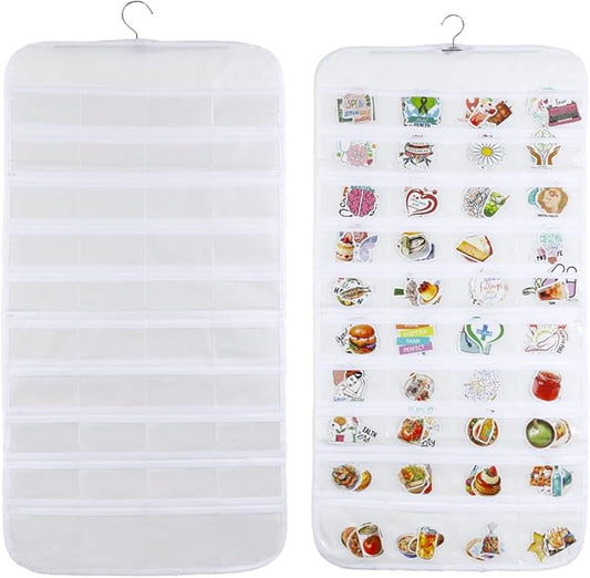 UCEC 2Pack Hanging Sticker Display Stand Double-Sided 80 Pocket Hanging Sticker Holder Organizer with Transparent Pockets, Portable Sticker Store for Classroom, Vendors, and Jewelry Organizer (White)
