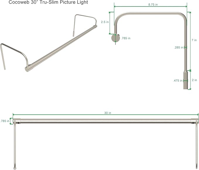 Cocoweb 30 Inch Tru-Slim Satin Nickel Picture Light - LED, 2700K, Adjustable Arm, Plug-in, Toggle Switch, Sleek and Compact Design