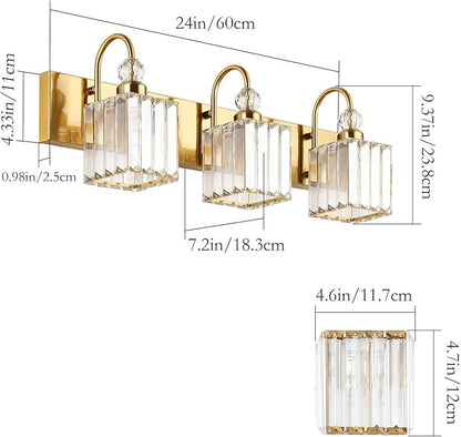Ralbay Modern Gold Crystal Vanity Lights for Bathroom 3-Lights Crystal Vanity Lights Over Mirror Modern Crystal Gold Bathroom Wall Lighting Fixtures
