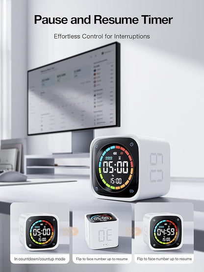 TK3 Pomodoro Timer Cube, Desk Productivity Timer with 5/10/30/60 Min Presets, Custom Countdown, Stopwatch, Clock, 3 Alarm, Silent, Vibrate & Sound Alert, for Task, ADHD, Study, Kitchen, White