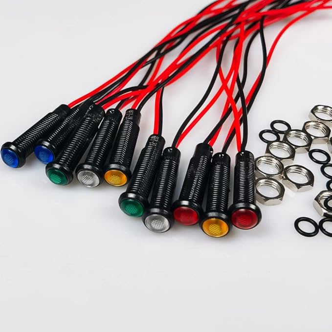 10pcs LED Plastic Indicator Pilot Light AC/DC 12-24V Mounting Hole Size 6mm(Red/Orange/Blue/Green/White)