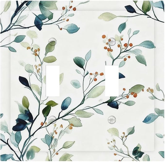 Decorative Light Switch Cover Plate Eucalyptus Leaf Geen Sage Leaves 2 Gang Outlet Covers Double Toggle Wall Plates for Electrical Outlets Switch Plate Covers Faceplate for Bedroom Home Decor
