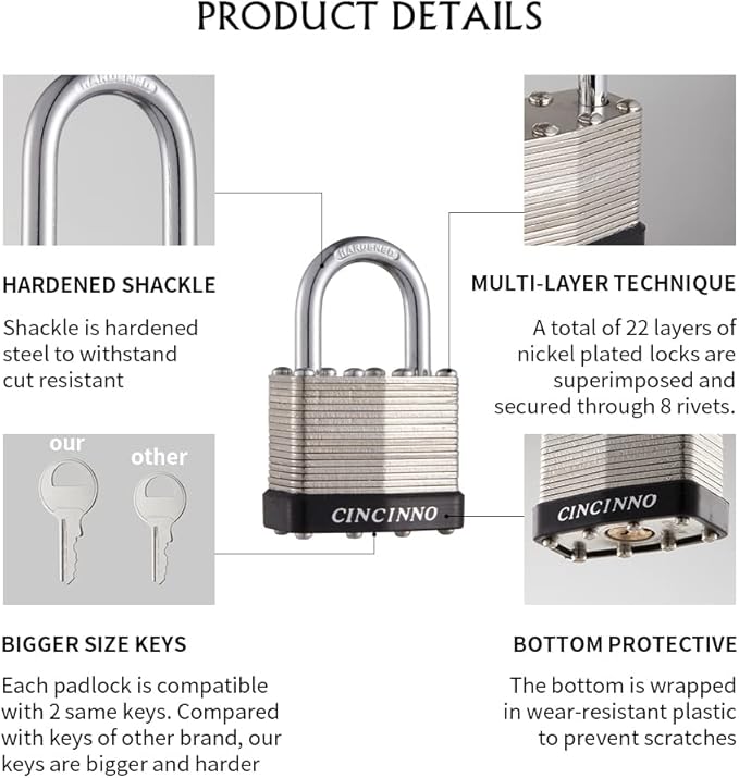 40mm Keyed Alike Nickel Plated Laminated Steel Padlock, 1-9/16" Wide Body 1-inch Shackle Padlocks with Keys Pack of 12