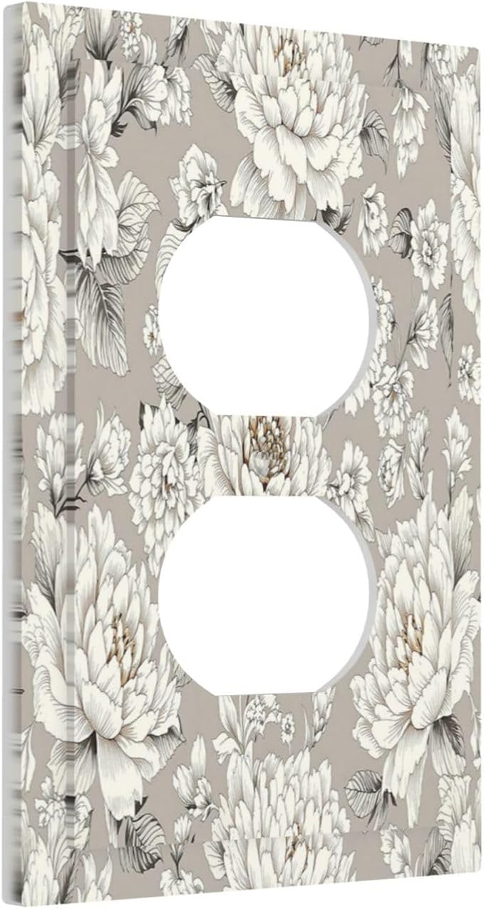 White Poppies Floral Modern Grey Peonies Flowers Outlet Covers 1 Gang Duplex Light Switch Cover Wall Plate Decorative Switch Plates Electrical Receptacle Faceplate for Bedroom Bathroom