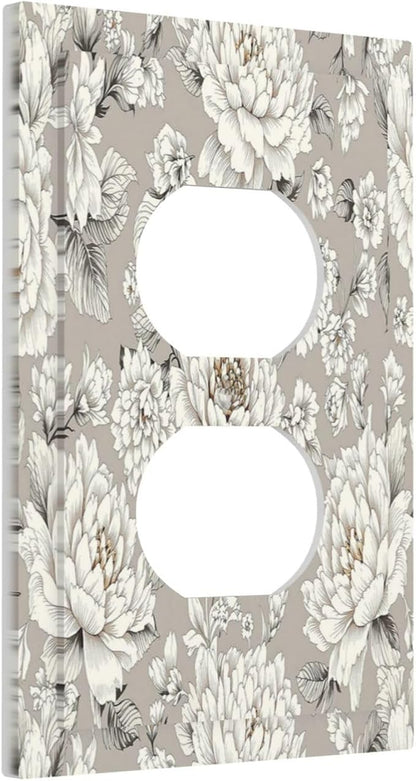 White Poppies Floral Modern Grey Peonies Flowers Outlet Covers 1 Gang Duplex Light Switch Cover Wall Plate Decorative Switch Plates Electrical Receptacle Faceplate for Bedroom Bathroom