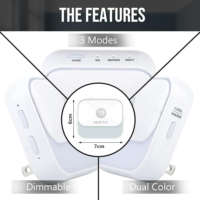 ZISUYU Motion Sensor Night Light Plug in with 3 Modes,Dual Colors,Dimmable,UL-Certified,Dusk to Dawn Sensor Nightlight Plug into Wall Ideal for Home Bathroom Kitchen Hallway Stair Toilet 2 Pack