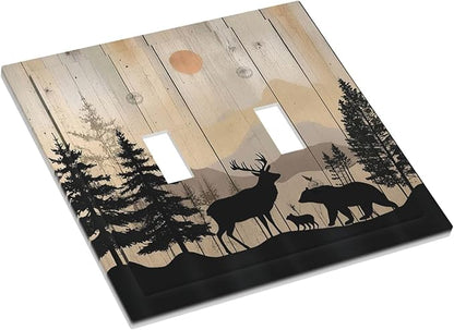 Decorative Switch Plates Wood Board Wildlife Cute Bear Deer Forest Rustic 2 Gang Double Toggle Outlet Light Switch Cover Wall Plate Electrical Faceplate for Bathroom Farmhouse Decor