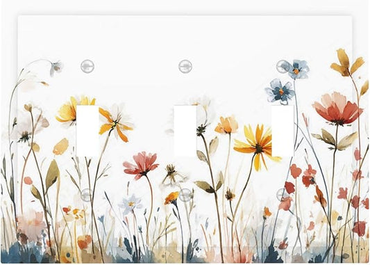 Watercolor Wildflower Colorful Floral Plant Decorative Switch Plates 3 Gang Wall Plate Triple Toggle Light Switch Cover Faceplate Electrical Wall Panels for Bed Room Living Room Decor