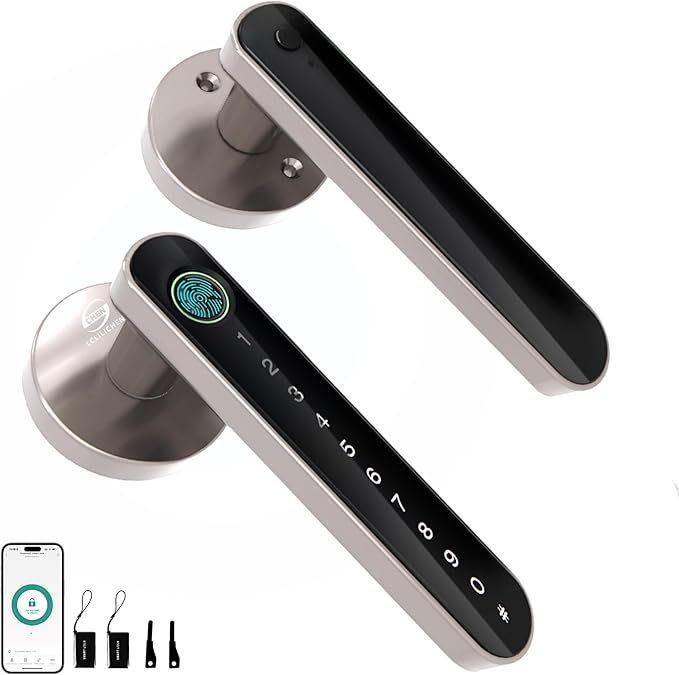 Smart Electronic Fingerprint Door Lock, Keyless Entry with Handle, Codes, APP, IC Cards, Fingerprints, Keys, for Home Bedroom Apartment (Silvery)