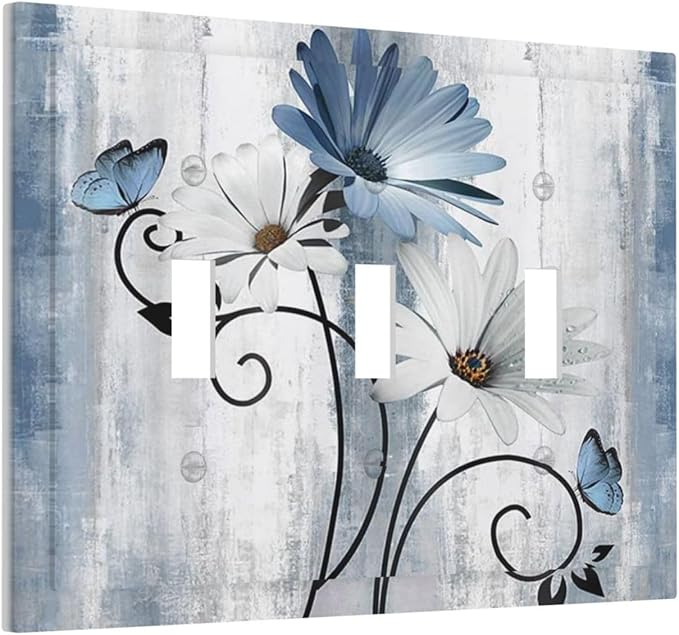 Decorative Light Switch Cover Plate Rustic Blue White Daisy Ink Flower 3 Gang Wall Plates for Electrical Outlets Triple Toggle Switch Plate Covers Outlet Covers Faceplate for Home Decor