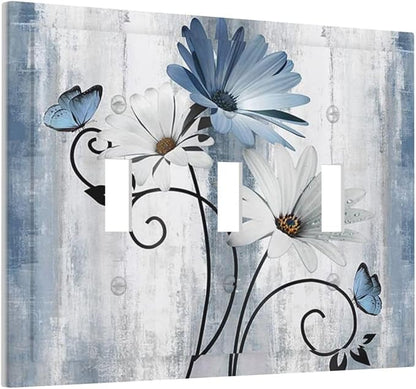 Decorative Light Switch Cover Plate Rustic Blue White Daisy Ink Flower 3 Gang Wall Plates for Electrical Outlets Triple Toggle Switch Plate Covers Outlet Covers Faceplate for Home Decor