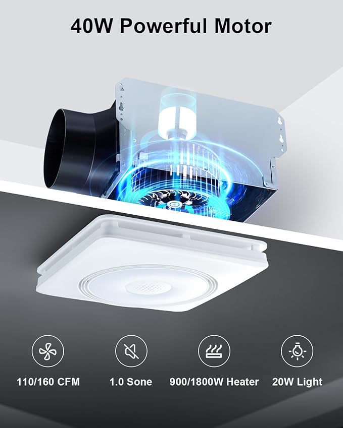 GROWNEER Bathroom Fan with Bluetooth Speaker, 110/160 CFM 1.0 Sone Bathroom Exhaust Fan with Heater, Powerful Oversize Exhaust Fan with Light & Remote, 9 RGB Modes, 1500lm 3-CCT & Nightlight