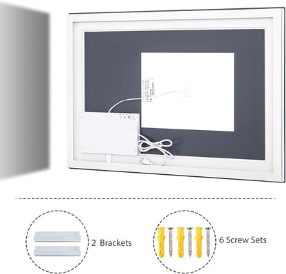VooBang LED Wall Mounted Mirror with Lights, 24x32 inches Bathroom Mirror, Button to Adjust Lights, Three Lighting Modes, Tempered Glass with Anti-Fog Function, Suitable for Vanity and Bedroom, White