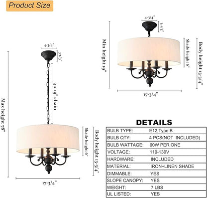 Drum Chandelier, 4-Lights Pendant Ceiling Hanging Light Fixture with Beige Shade, for Dining Room Living Room Bedroom Kitchen Island(17.75")