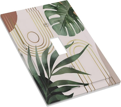 Decorative Light Switch Plate Covers Boho Mid Century Arch Green Leaves 1 Gang Light Switch Cover Plate Single Toggle Wall Plate Outlet Covers Faceplate for Bedroom Decor （ 2 Pack）