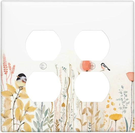 Outlet Covers Colorful Floral Watercolour Cuddly Bird 2 Gang Double Duplex Decorative Light Switch Covers Electrical Wallplates Socket Faceplate For Bed Room Living Room Decor