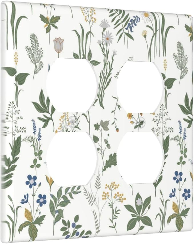 Outlet Covers Floral Green Leaf Plant Flowes 2 Gang Double Duplex Decorative Light Switch Covers Electrical Wallplates Socket Faceplate For Bed Room Farmhouse Decor