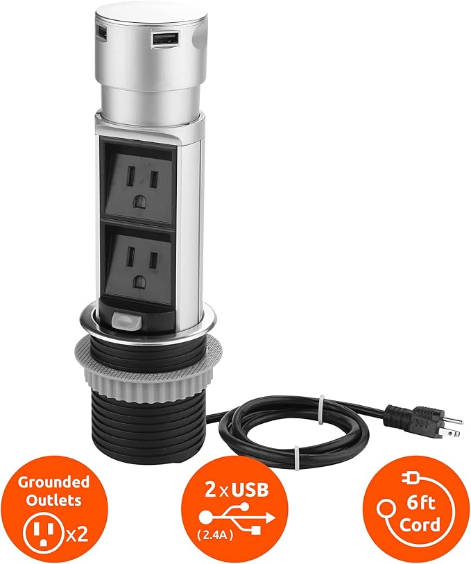 Link2Home Space Saver Pop Up-Outlet, 2 Power Outlets, 2 USB Ports 2.4 Amp, Overload Protection, Splash Resistant EM-PU-200E