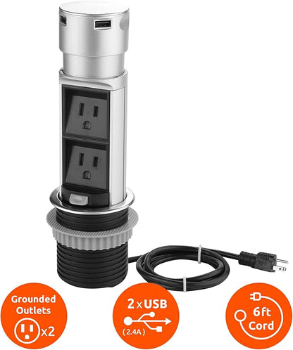 Link2Home Space Saver Pop Up-Outlet, 2 Power Outlets, 2 USB Ports 2.4 Amp, Overload Protection, Splash Resistant EM-PU-200E