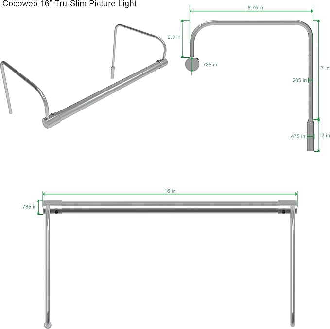 Cocoweb 16 Inch Tru-Slim Chrome Picture Light - LED, 2700K, Adjustable Arm, Plug-in, Toggle Switch, Sleek and Compact Design