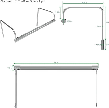 Cocoweb 16 Inch Tru-Slim Chrome Picture Light - LED, 2700K, Adjustable Arm, Plug-in, Toggle Switch, Sleek and Compact Design