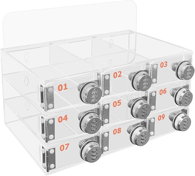 Cell Phone Locker Box 9 Slots Cell Phone Organizer Cabinet with Combination Locks Wall-Mounted Locking Cell Phone Storage Box for Classroom Office,Shool,Office (9 Slots, Wood+Acrylic)