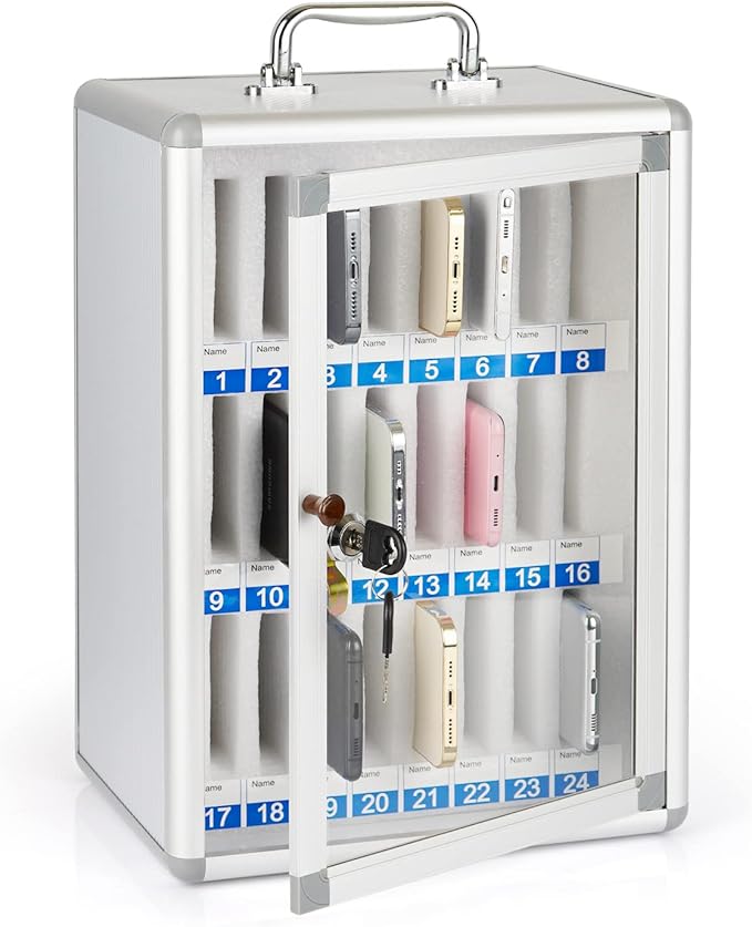Loghot Aluminum Alloy Pocket Chart Cell Phones Storage Cabinet for Cell Phones, Wall-Mounted Cell Phone Locker Phone Holder with Lock for Classroom, Office, Can be Carried by Hand (24 Slots)