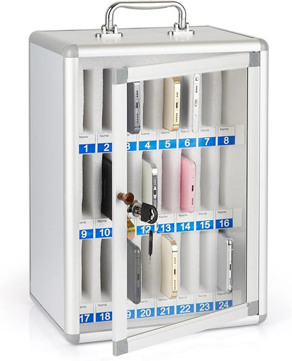 Loghot Aluminum Alloy Pocket Chart Cell Phones Storage Cabinet for Cell Phones, Wall-Mounted Cell Phone Locker Phone Holder with Lock for Classroom, Office, Can be Carried by Hand (24 Slots)