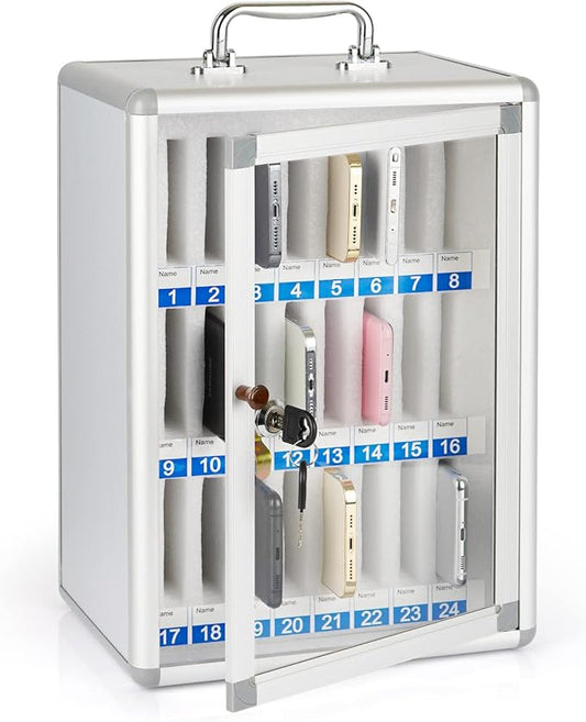 Loghot Aluminum Alloy Pocket Chart Cell Phones Storage Cabinet for Cell Phones, Wall-Mounted Cell Phone Locker Phone Holder with Lock for Classroom, Office, Can be Carried by Hand (24 Slots)