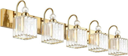 Ralbay Gold Crystal 5-Light Bathroom Vanity Lights Over Mirror Modern Crystal Gold Bathroom Vanity Lighting