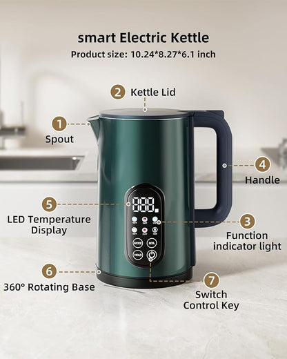 Electric Kettle temperature control 1.7-liter stainless steel kettle,Five Temperature Control Modes,Two-hour heat retention,Green
