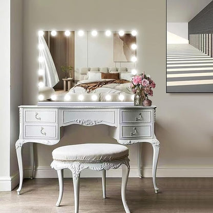 THEKLA 24 x 32 Inch Hollywood Light Vanity Mirror with 24 Bulbs Adjustable 3 Color Lights 32" Vanity Lighted Mirror for Bathroom Bedroom Wall Vanity Makeup Table Mirrors with Lights Base X10 Magnifier