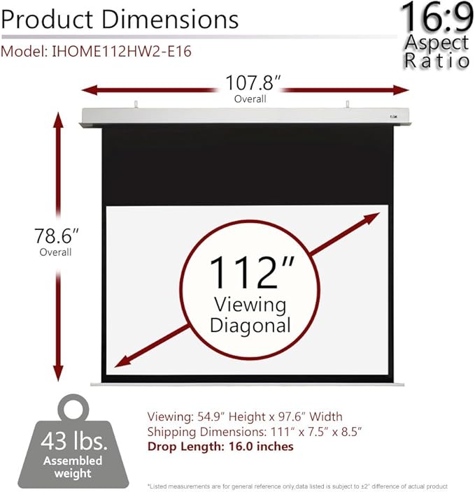 Elite Screens Evanesce, 112" 16:9, Recessed in-Ceiling Motorized Projector Screen and Installation Kit, 8k/4K Ultra HD Ready, Matte White Fiberglass, Reinforced Projection Surface, IHOME112HW2-E16